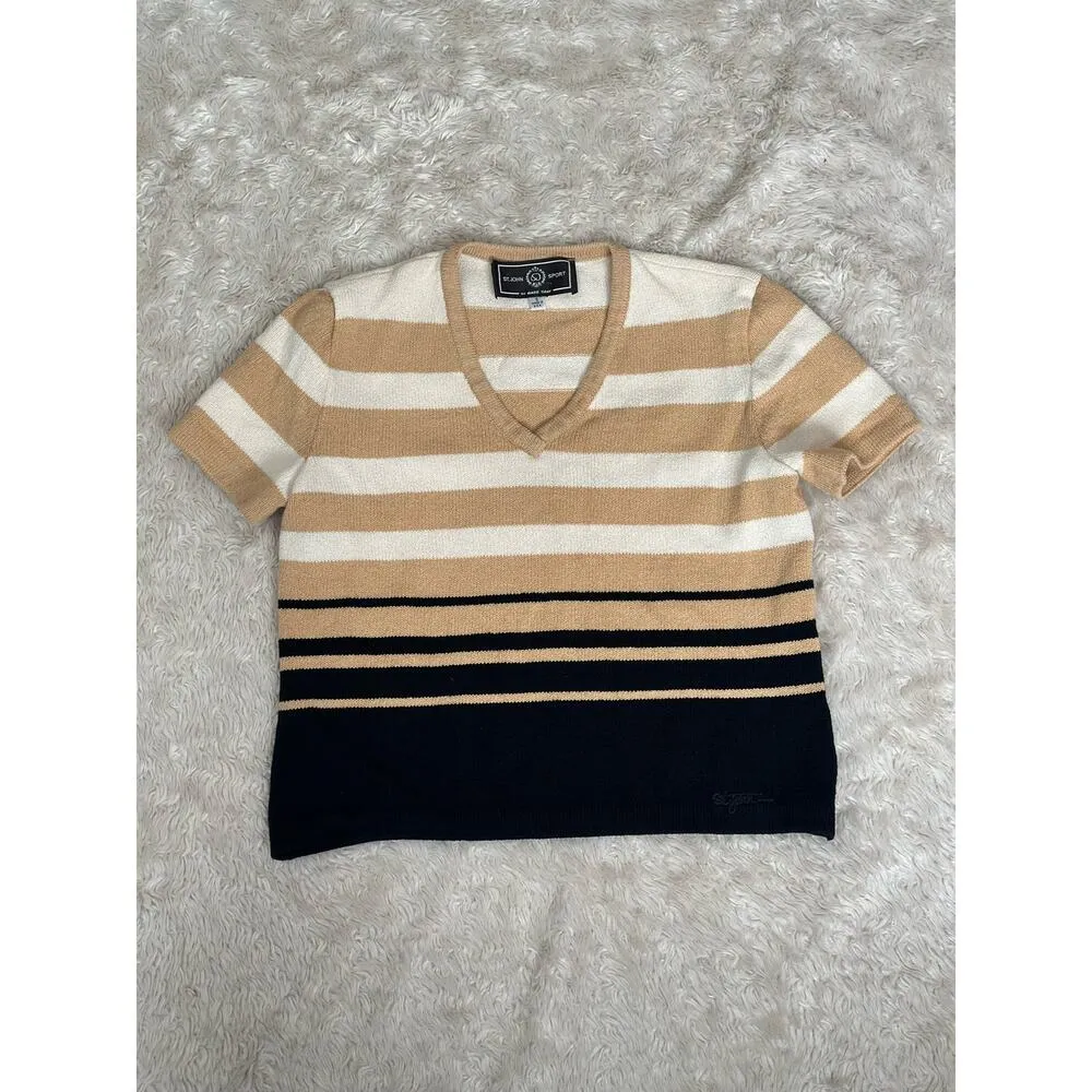 Vintage St. John Sport Marie Gray Small Santana Knit Tan White Black Striped Tee - Image 2