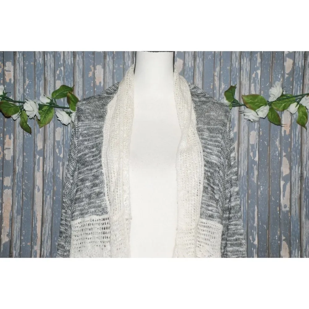 Energe World Wear Ladies Gray White Cardigan Sweater SZ L Open Front Lace LS Size L - Image 2