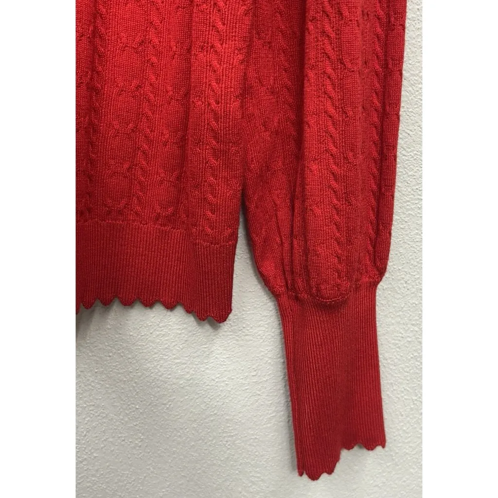 Adriana Papell Cable Knit Sweater Size Medium Red Jeweled Lettuce Hem Viscose - Image 4