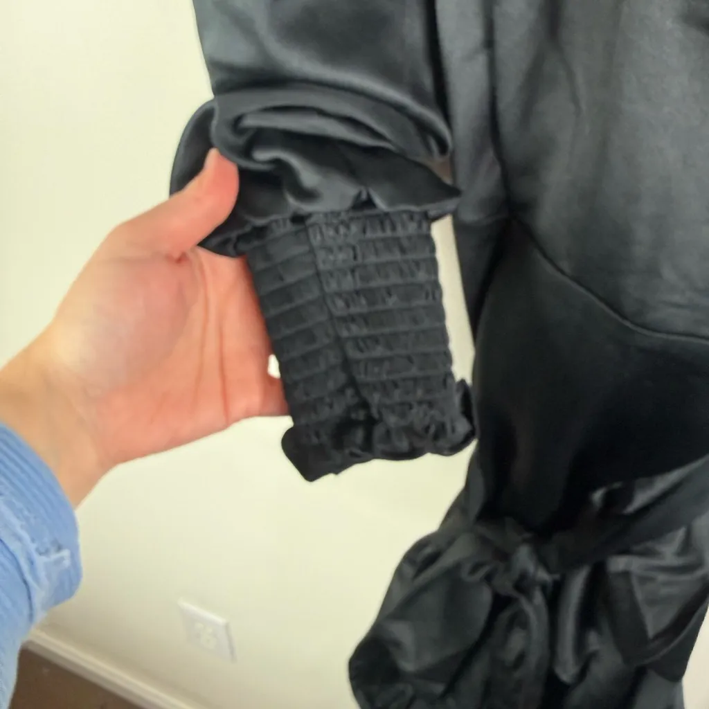 Rachel Parcell Black Satin Wrap Style Midi Dress with Puff Sleeves - Image 6