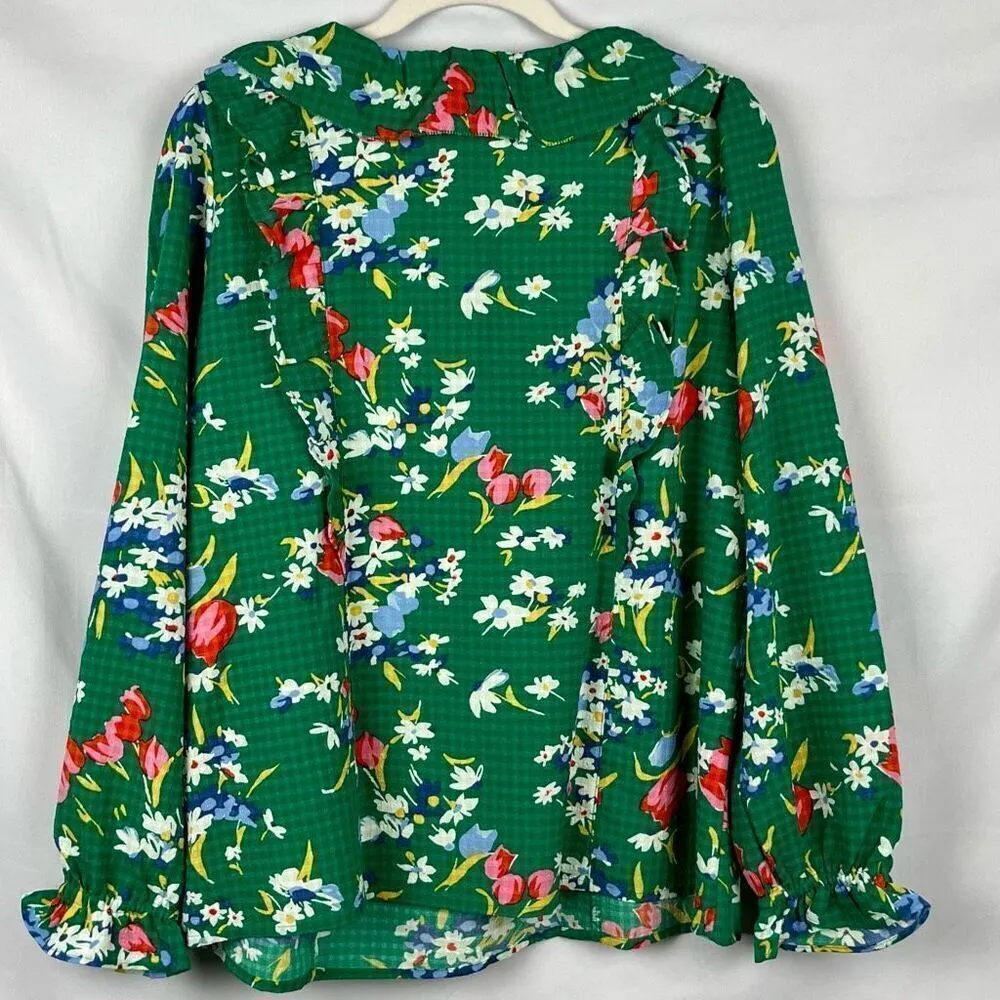 Loft Green Floral Bouquet Ruffle Tie Neck Blouse Large - Image 3