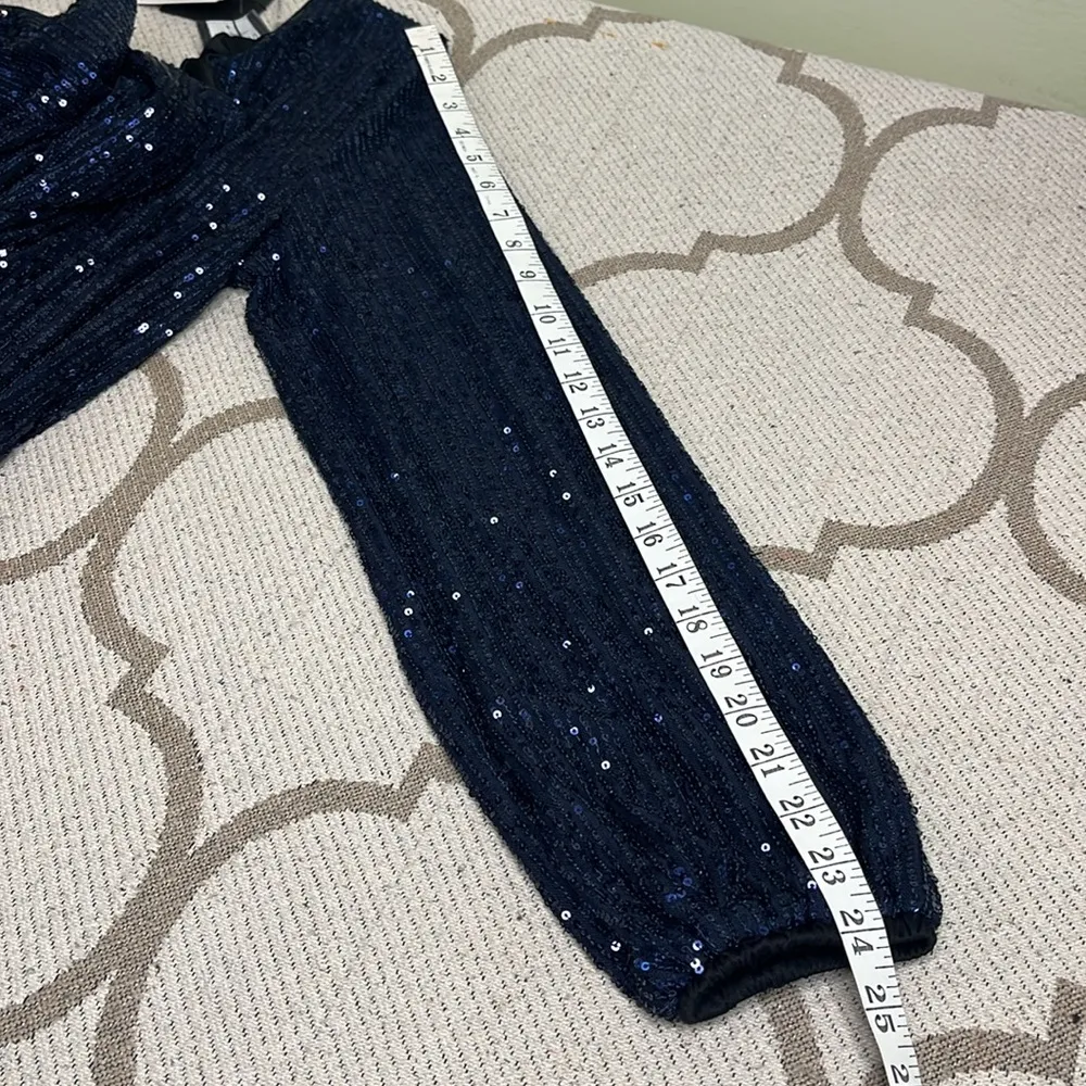 Dress Forum Navy Sequin Balloon Sleeve Contrasting satin Belt,keyhole Back Dress - Image 12