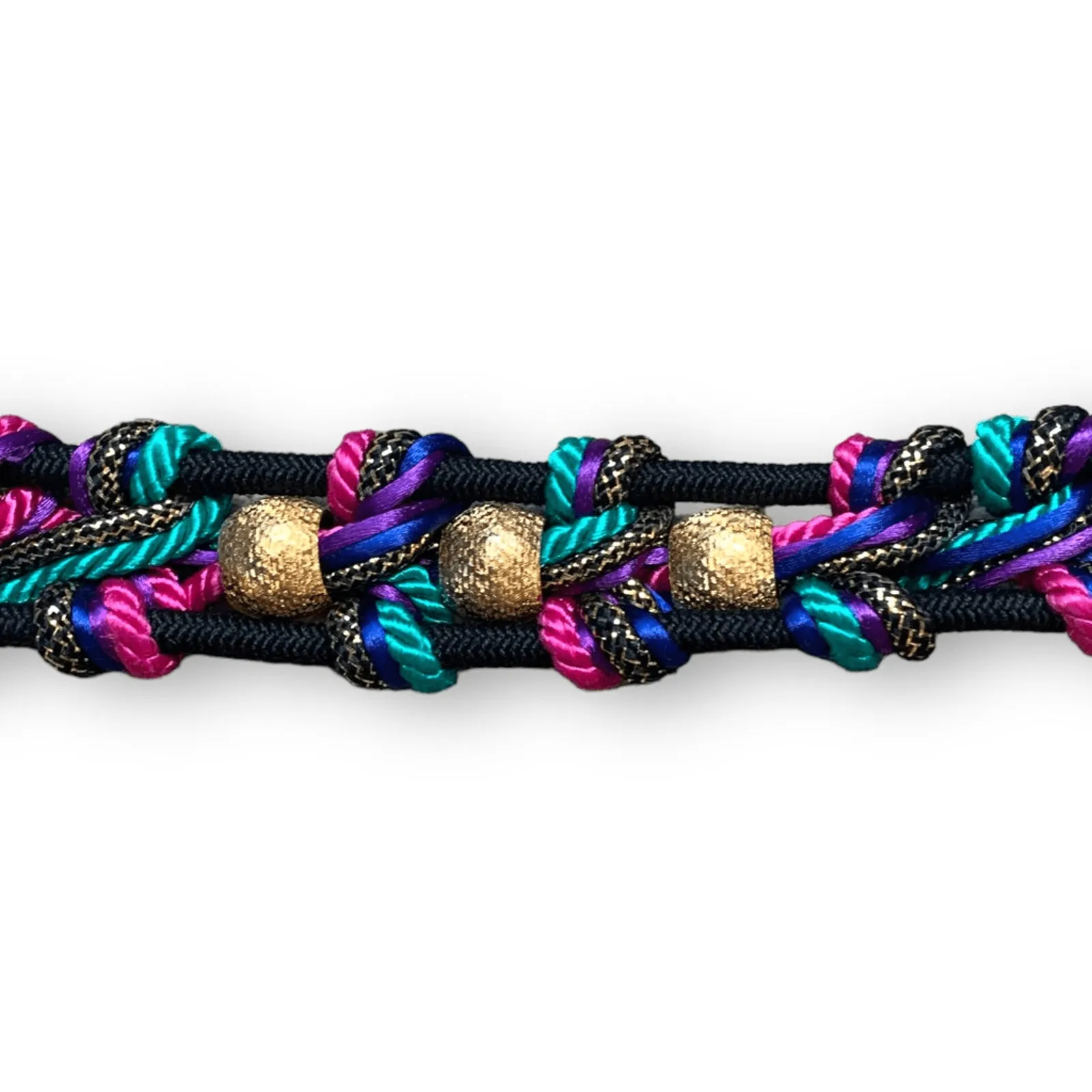 Vintage Bungee Belt Black Fuchsia Multicolor Braided Woven Golden Bead Back Hook - Image 7