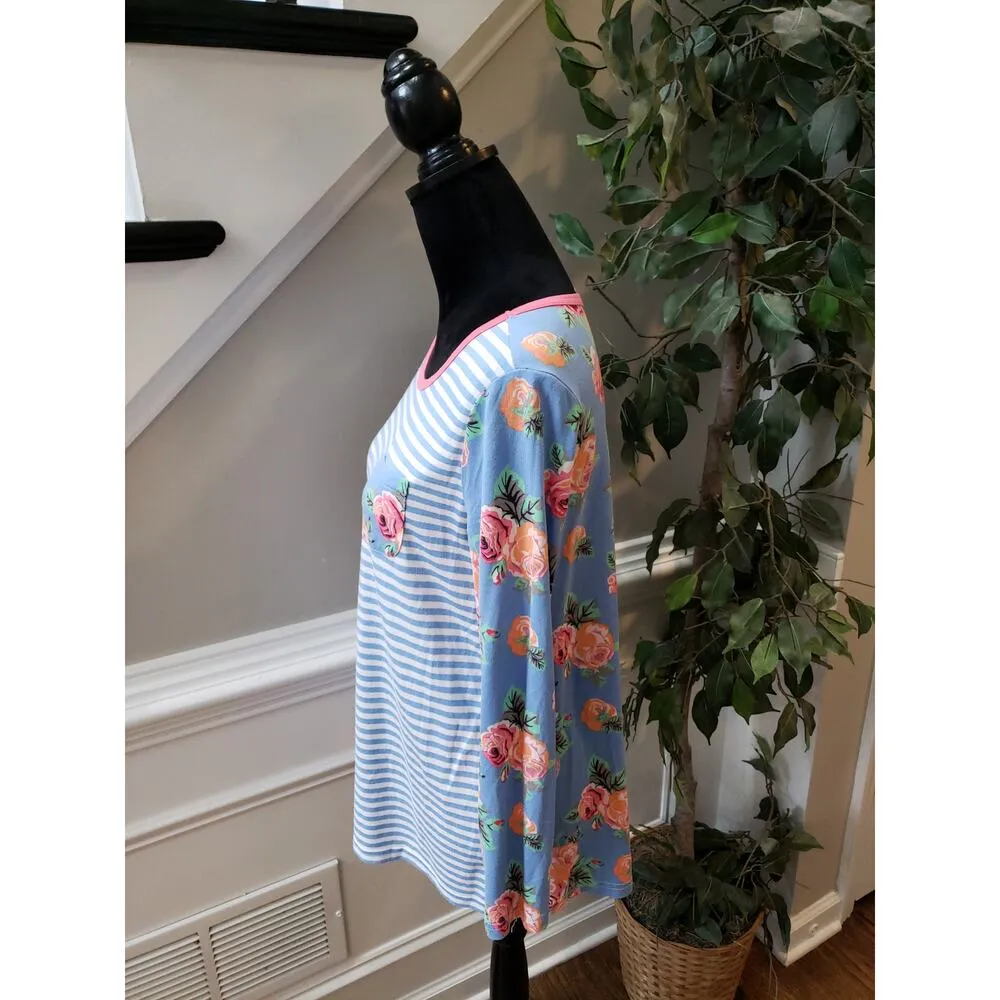 Matilda Jane Top Women M Blue Striped Floral Long Sleeve Cotton Casual Tunic Tee - Image 9