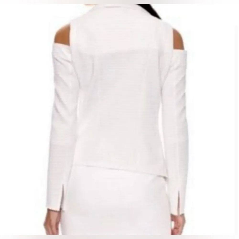 BISOU BISOU Cold Shoulder Sleeve Open Front Jacket Textured White Knit Size M - Image 13