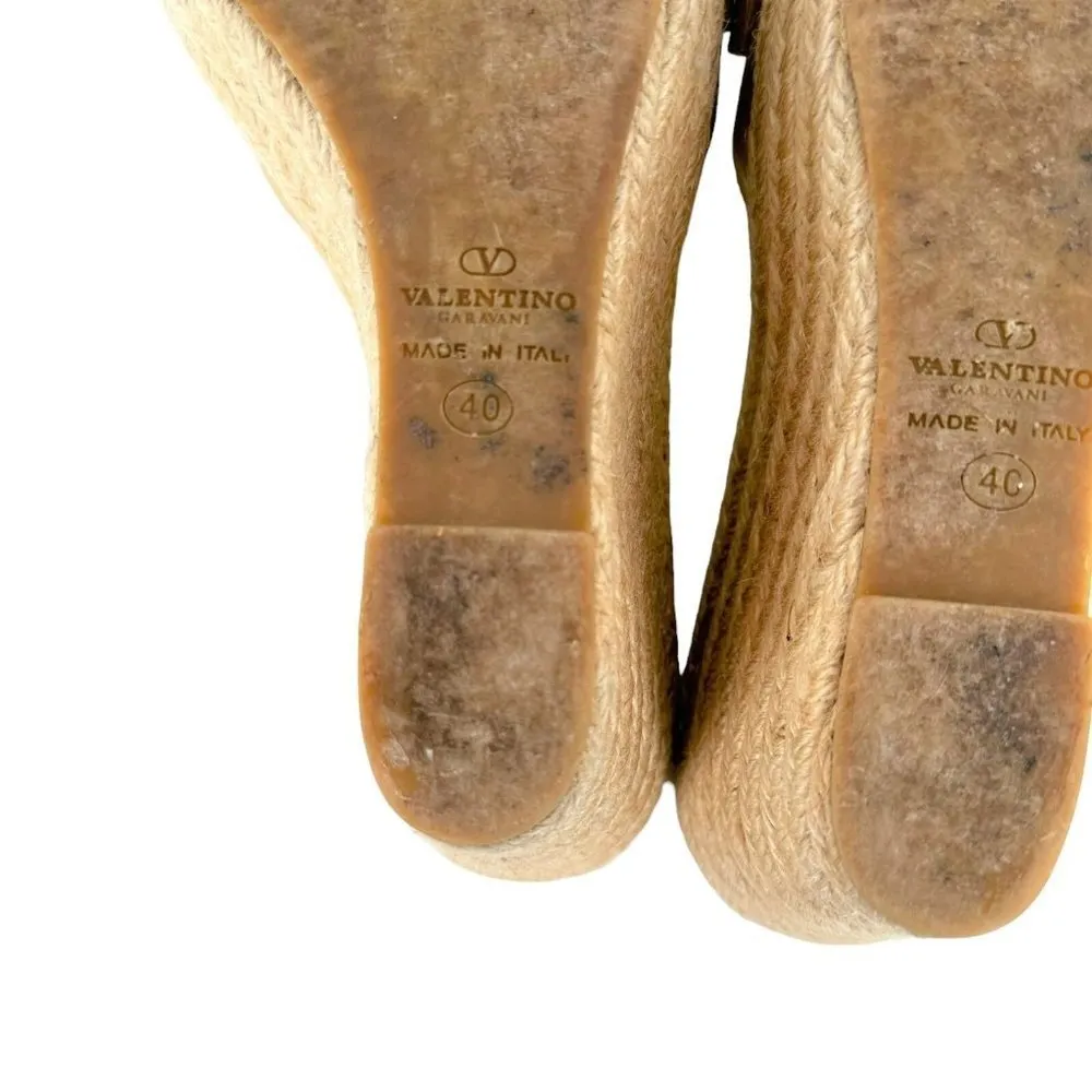 VALENTINO Camel Tan Patent Leather Bow Peep Toe Espadrille Mules Size 40 - Image 8