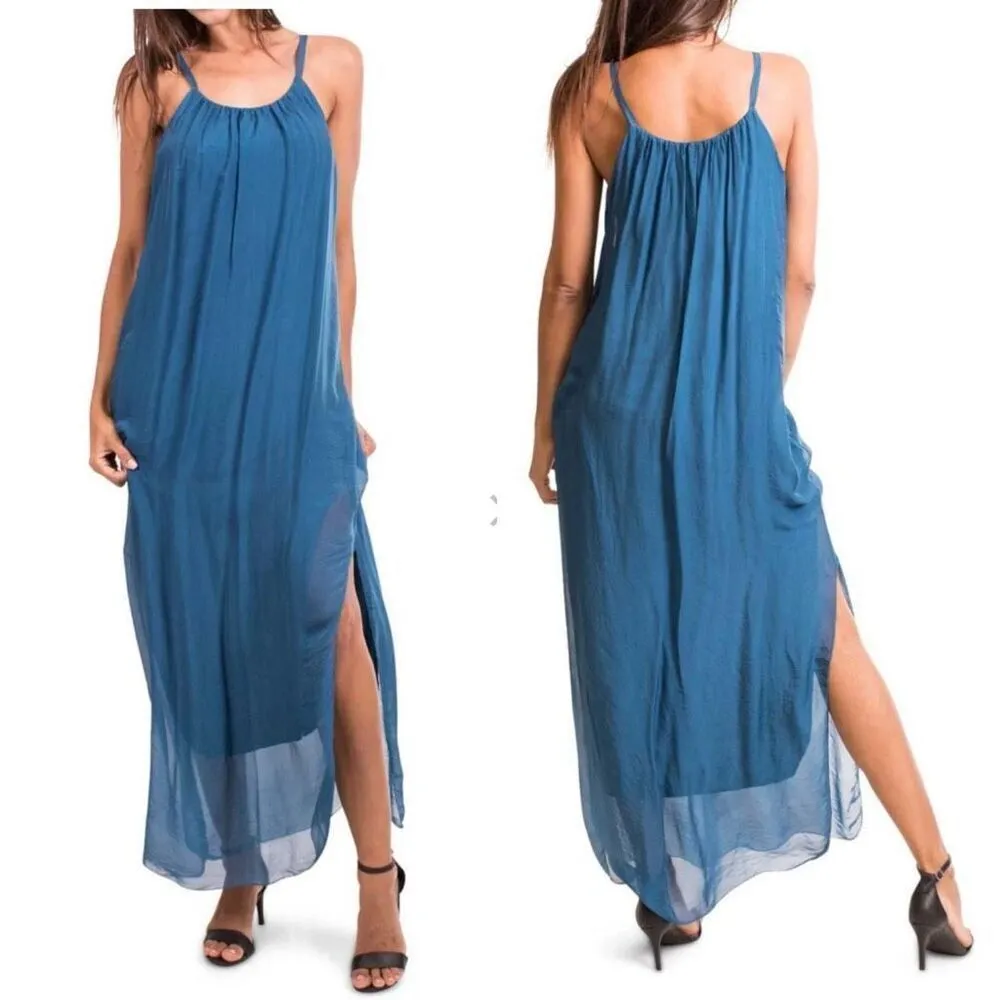 Gigi Moda Italy Venus Silk Maxi Dress Teal Blue M L $115 OSFM Size M - Image 2