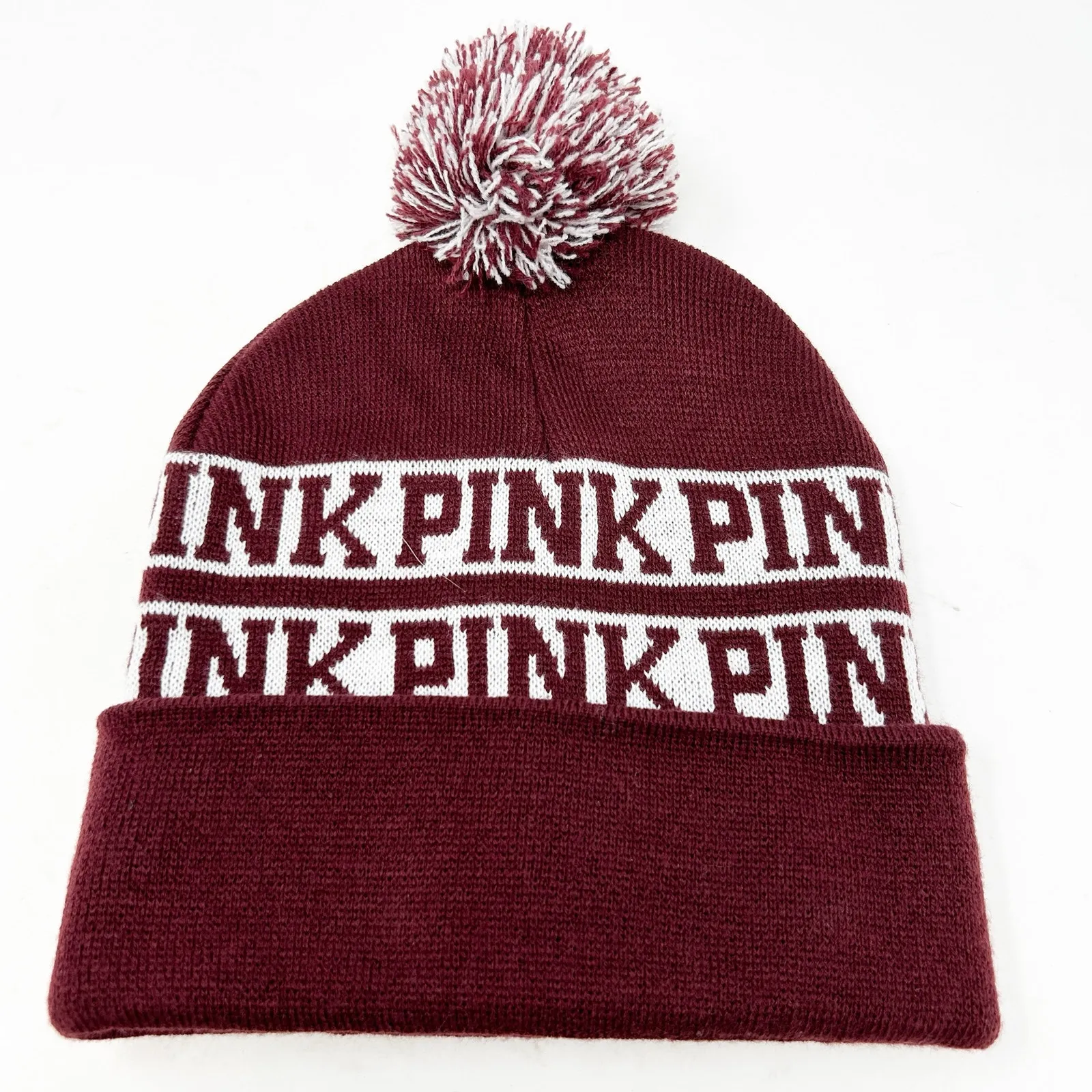 Victoria's Secret Womens PINK Pom‎ Pom Knitted Beanie Winter Cap Hat Burgundy - Image 3