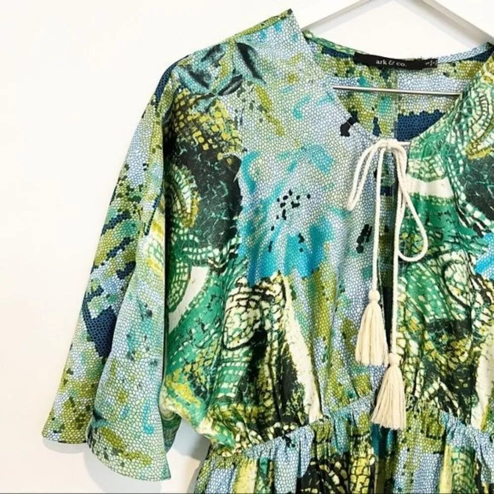 Ark & Co Green Blue Floral Mini‎ Dress Artsy Resortwear Beachy Boho Size Small - Image 2