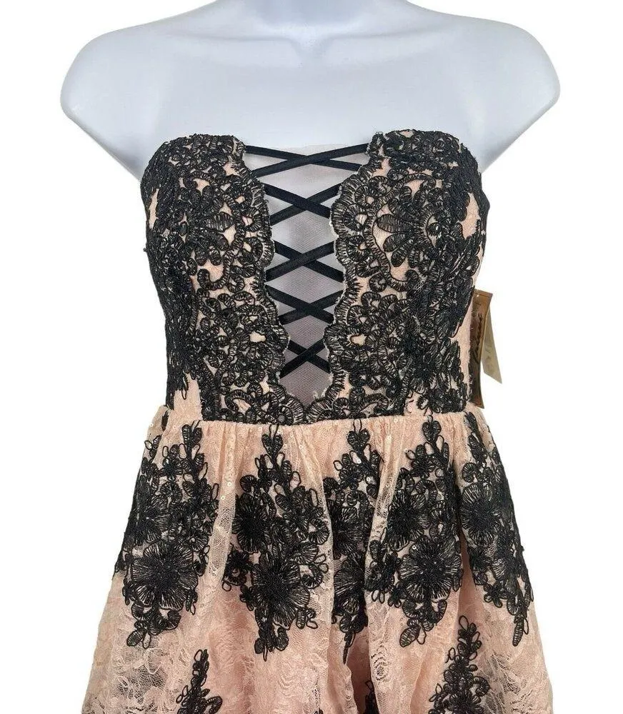 Trixie Pink Blk Sequined Floral Strapless Fit & Flare Party Formal Dress 3 NWT Size undefined - Image 2