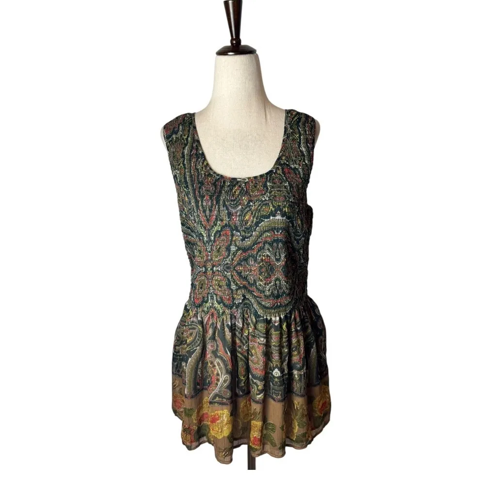 Free People Shirt Women Medium‎ Tan Green Floral Peplum Hem Top Cottage Bohemian - Image 2