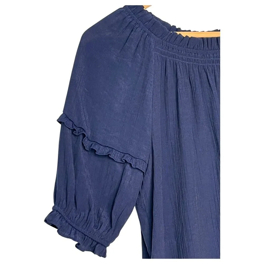 Nanette Lapore Top Womens S Sheer Half Sleeve Ruffle Round Neck Designer Blue - Image 5