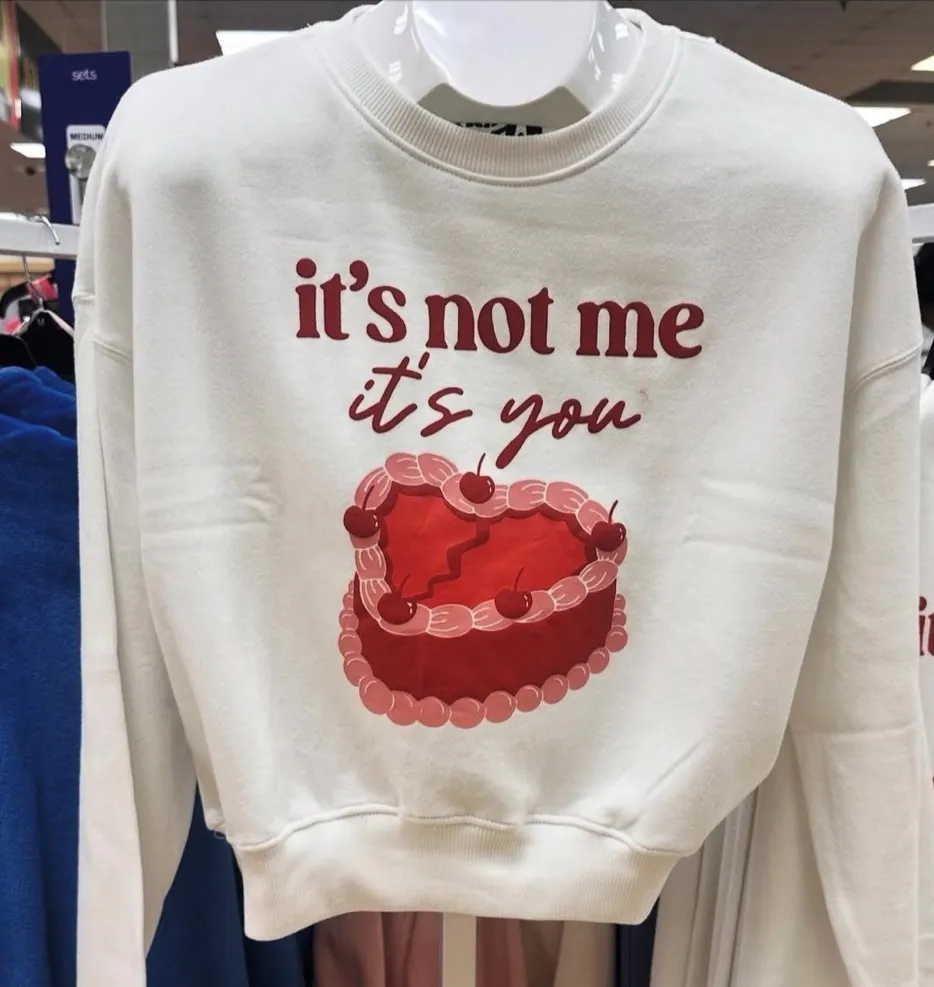 Humorous sarcastic Valentine’s Day crewneck sweatshirt red heart break up NWT SM White - Image 1