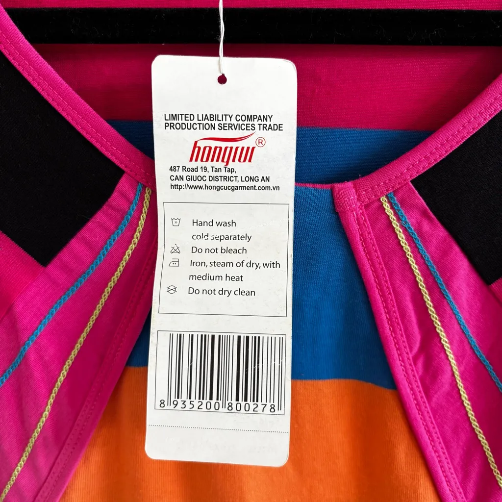 Hongcuc NWT Colorful Striped Long Women's Short Sleeve Top Button Accents Size S Pink - Image 5