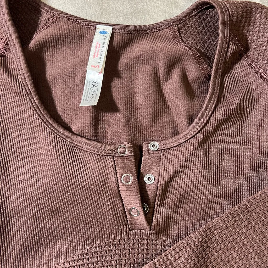 FP Movement Free People Thermal Henley Top • Brown Waffle Knit Long Sleeve Size M - Image 3