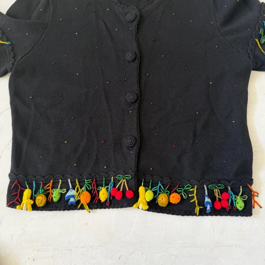 Vintage Michael Simon Black Short Sleeved Sweater Sets Beaded Fringe Fruit Sz M Size M - Image 9