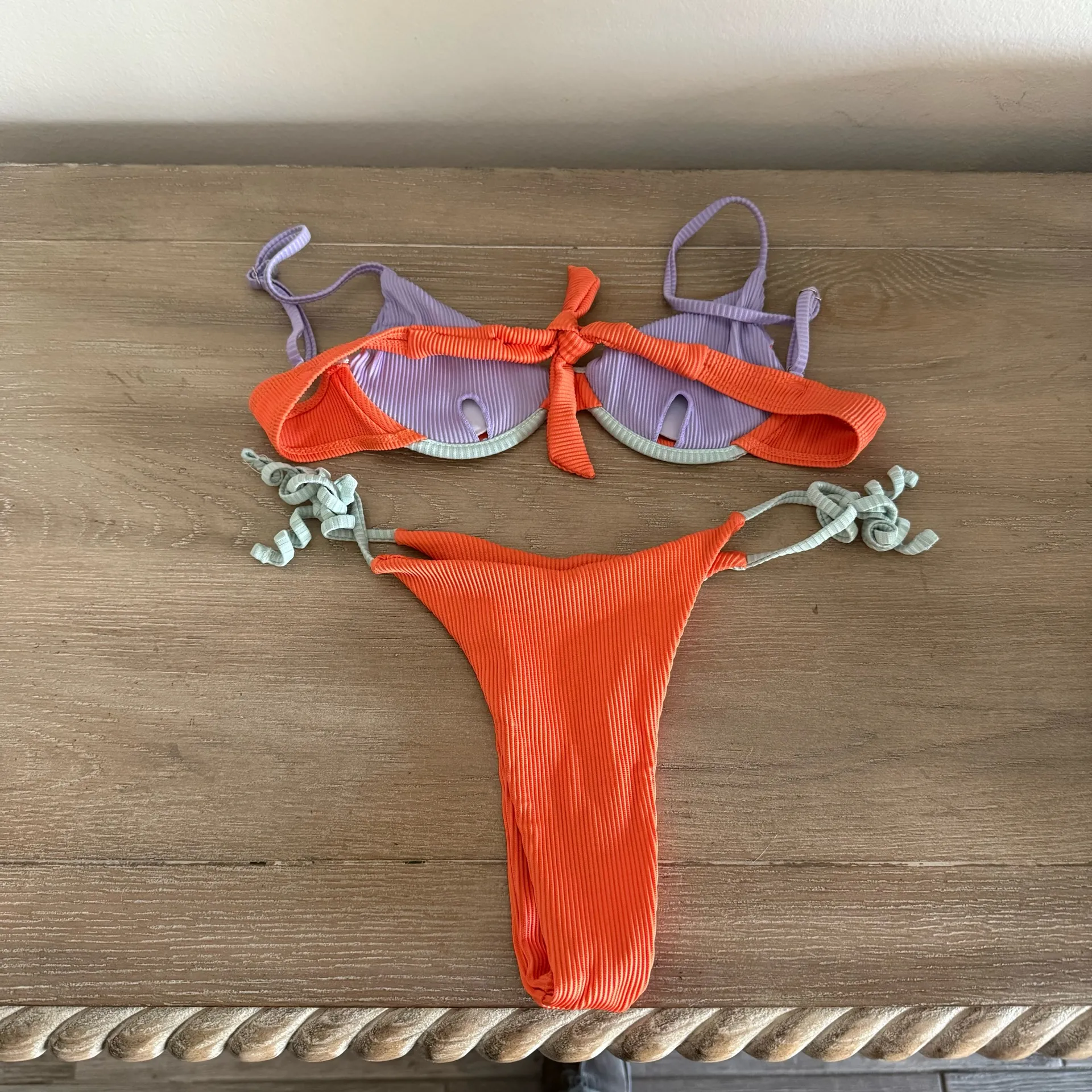 NWOT SHEIN Orange, Purple & Mint Color Block Ribbed String Bikini - Image 2