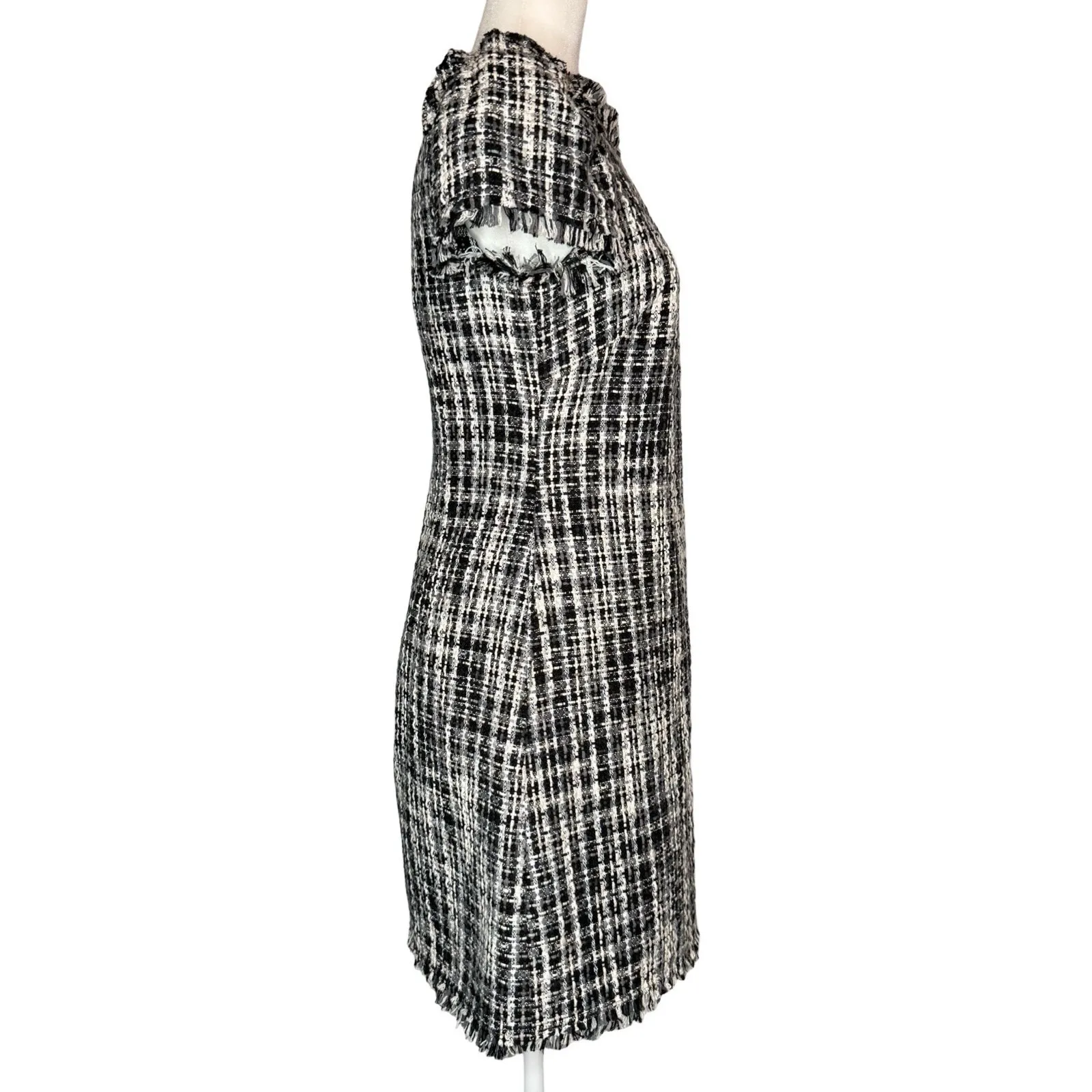 Kate Spade Boucle Tweed Sheath Dress Women's 4 Fringe Lined Black White Textured - Image 5