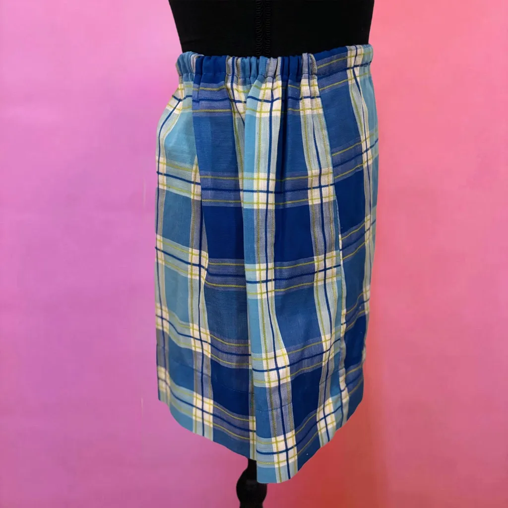 Vintage 60s Blue & White Plaid Mini Skirt w/ Matching Ribbon - Image 2