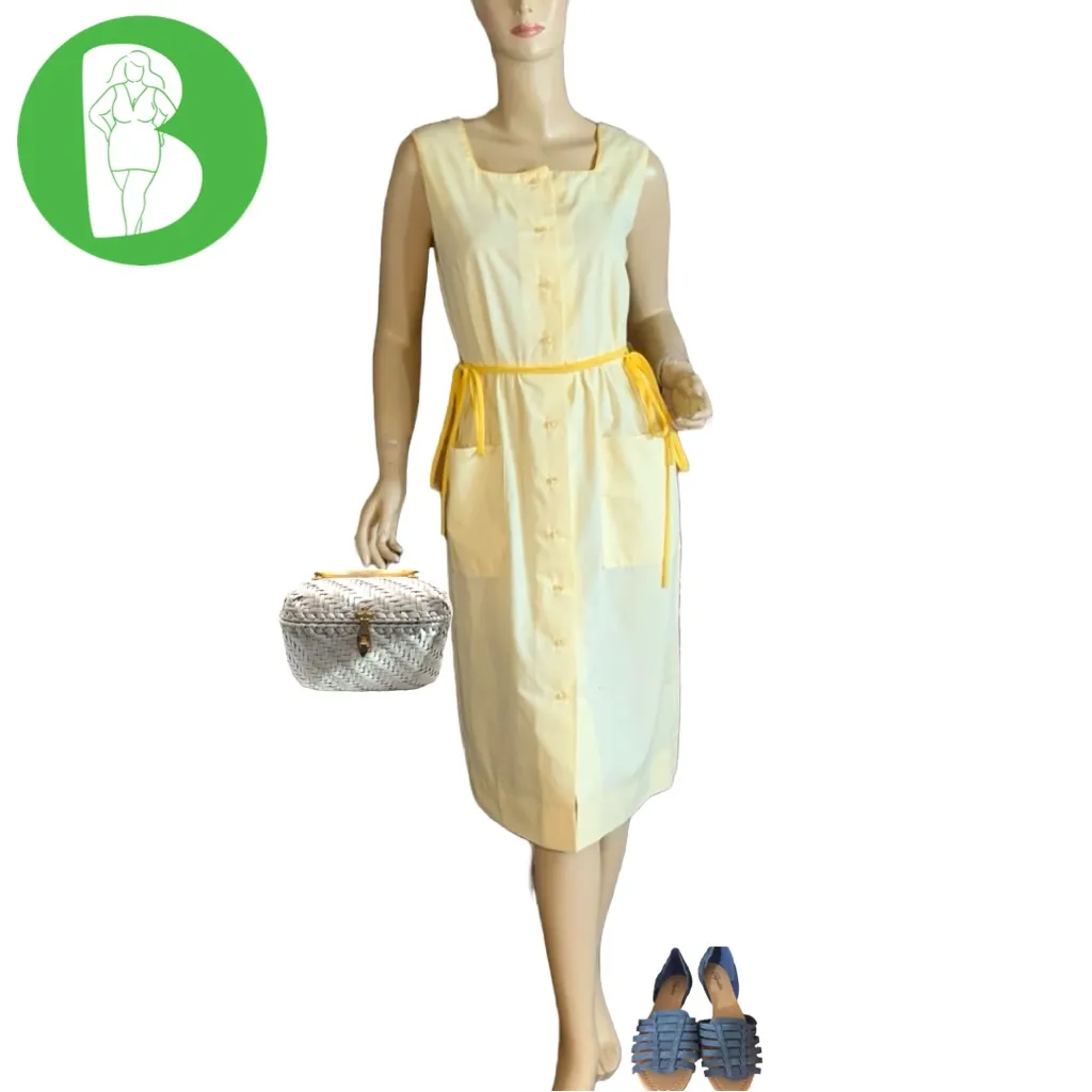 VINTAGE 1980'S TANNER PALE YELLOW SLEEVELESS SHIRT DRESS WITH BELTS (6) - Image 2