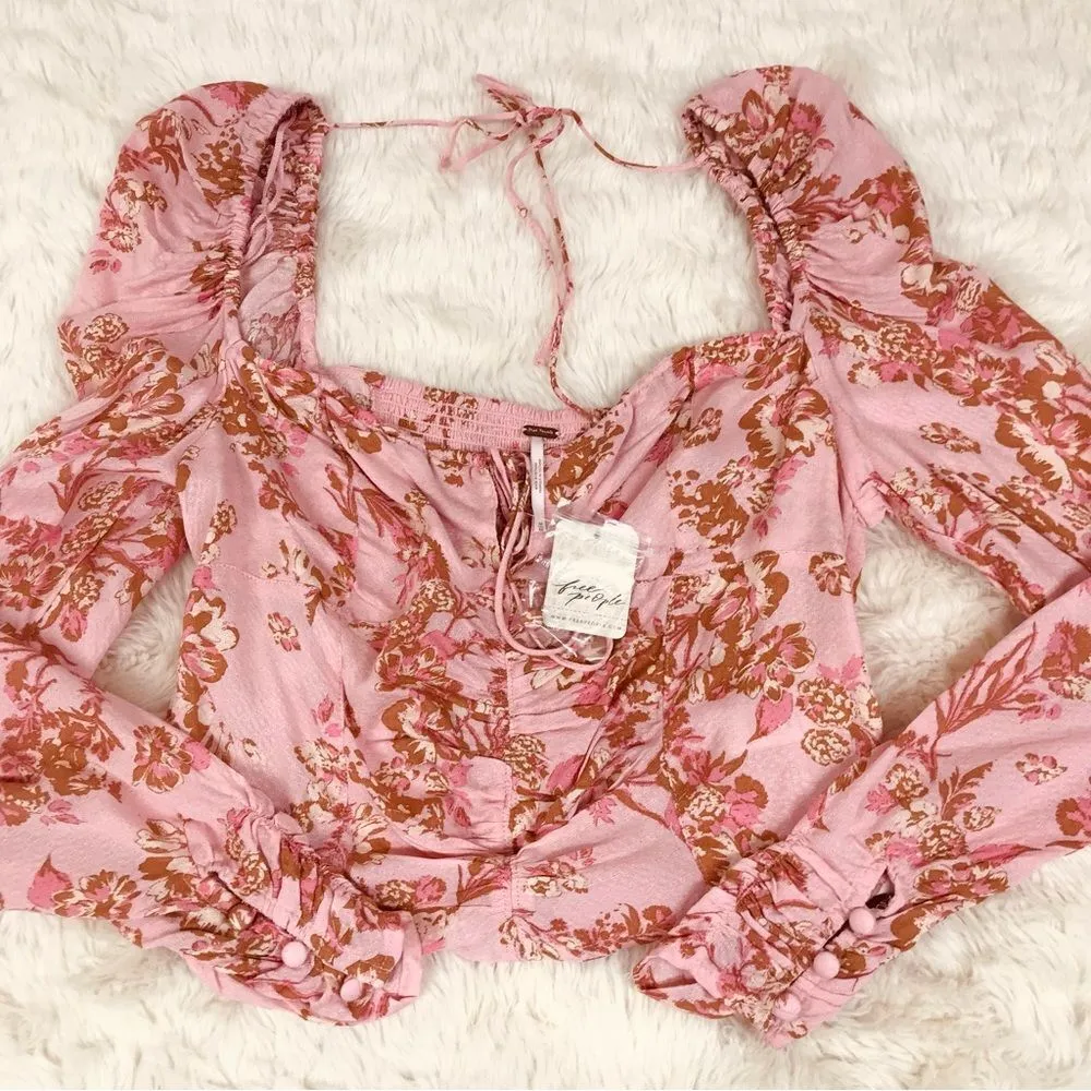 FREE PEOPLE Hilary Pink Floral‎ Crop Top Puff Sleeve Square Neck Size Medium New - Image 5