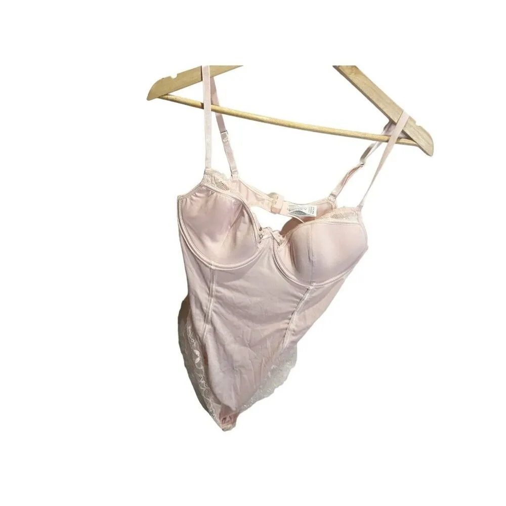 NWT Forever 21 Women's Pink Lace Satin Lingerie Bodysuit, Sz L Padded Underwire - Image 2