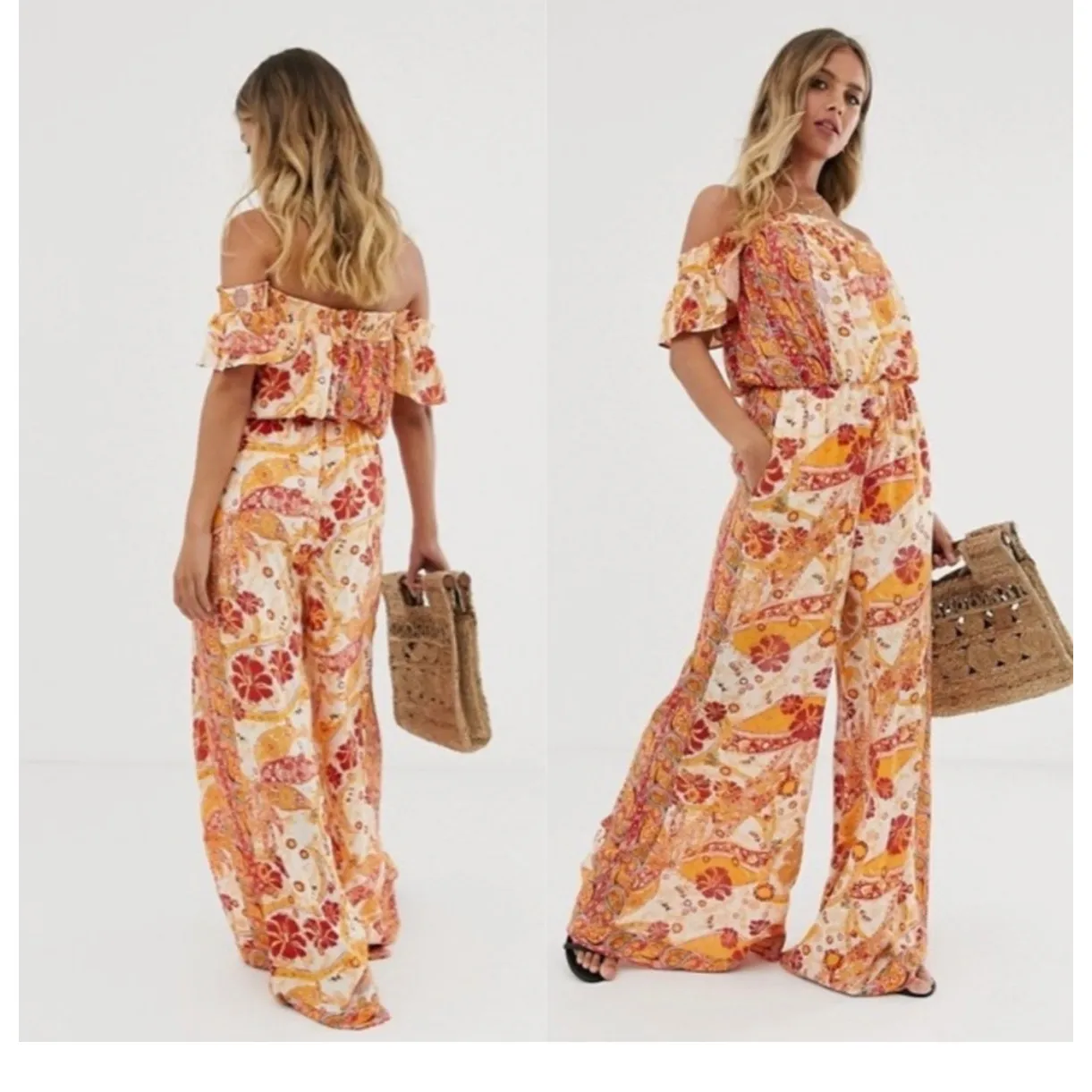NWT Free People Carmen Jumpsuit Off Shoulder Floral Wide Leg Size Small Bohemian - Image 3