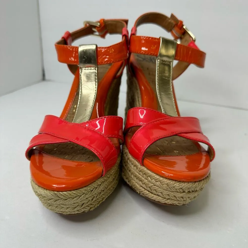 Sofft Womens size 7 Pedra Platform Patent Leather Pink Orange Heel Wedge Sandals - Image 2