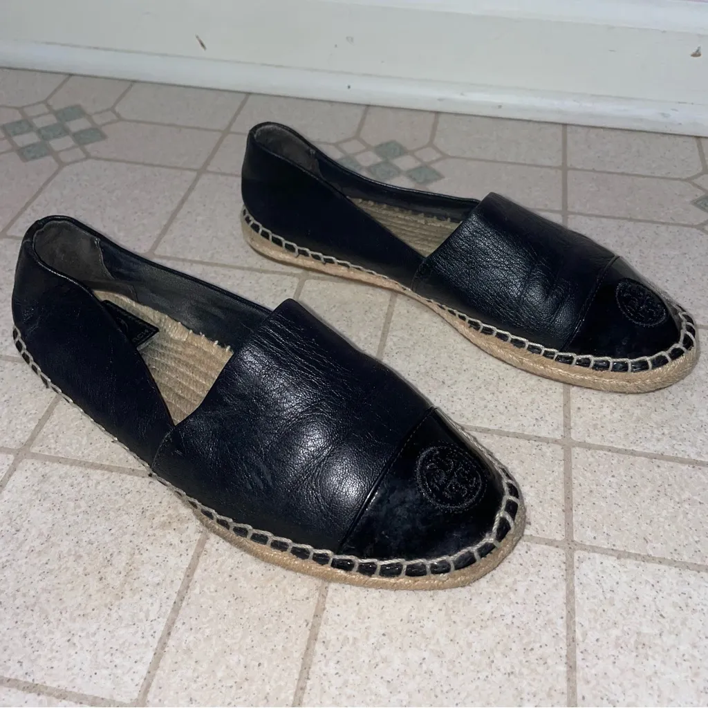 Tory Burch Black Leather Logo Cap Toe Espadrille Flats Women Size 6.5 ColorBlock - Image 2