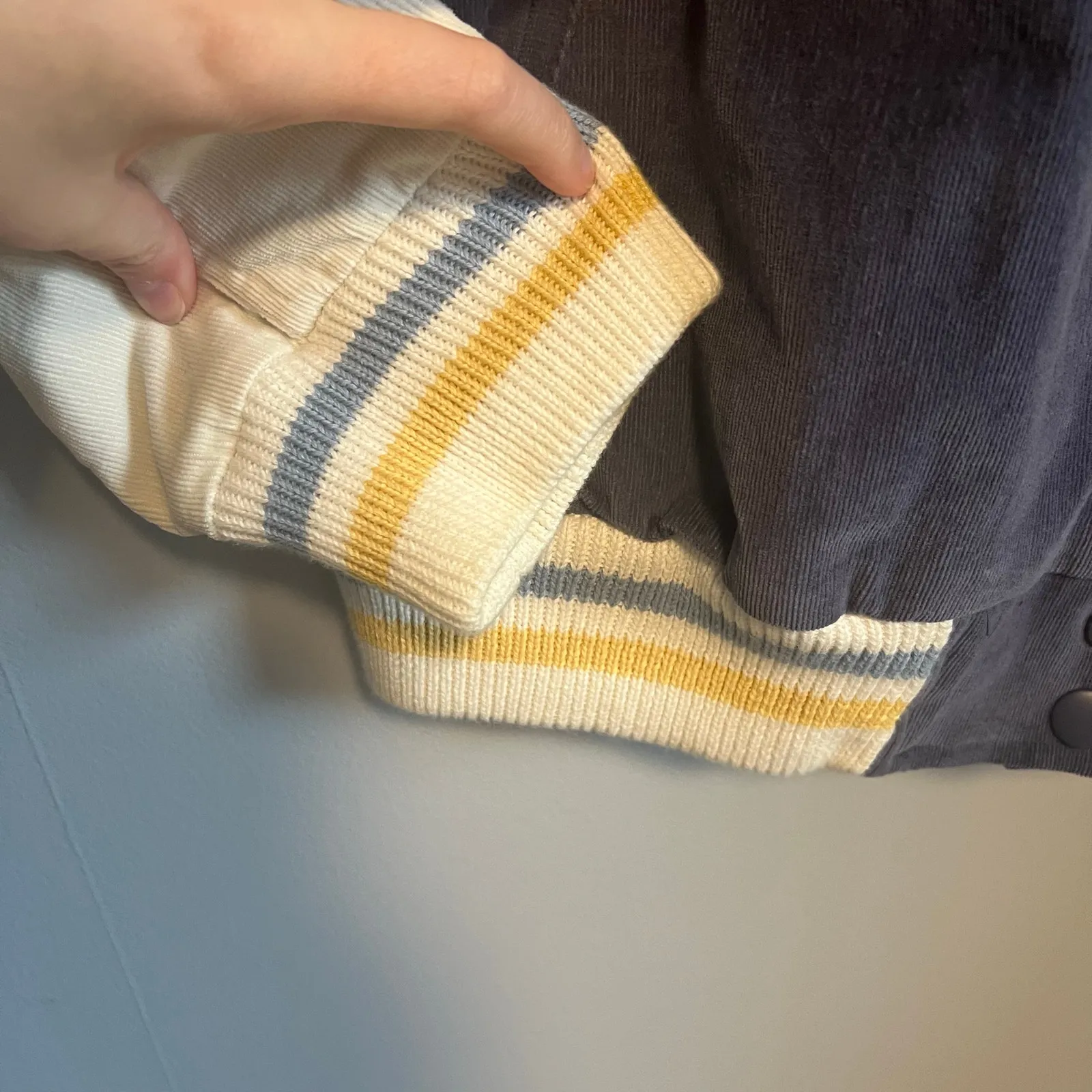 Aerie Corduroy Varsity Bomber Jacket With Blue and Yellow Trim Sz Large - Image 5