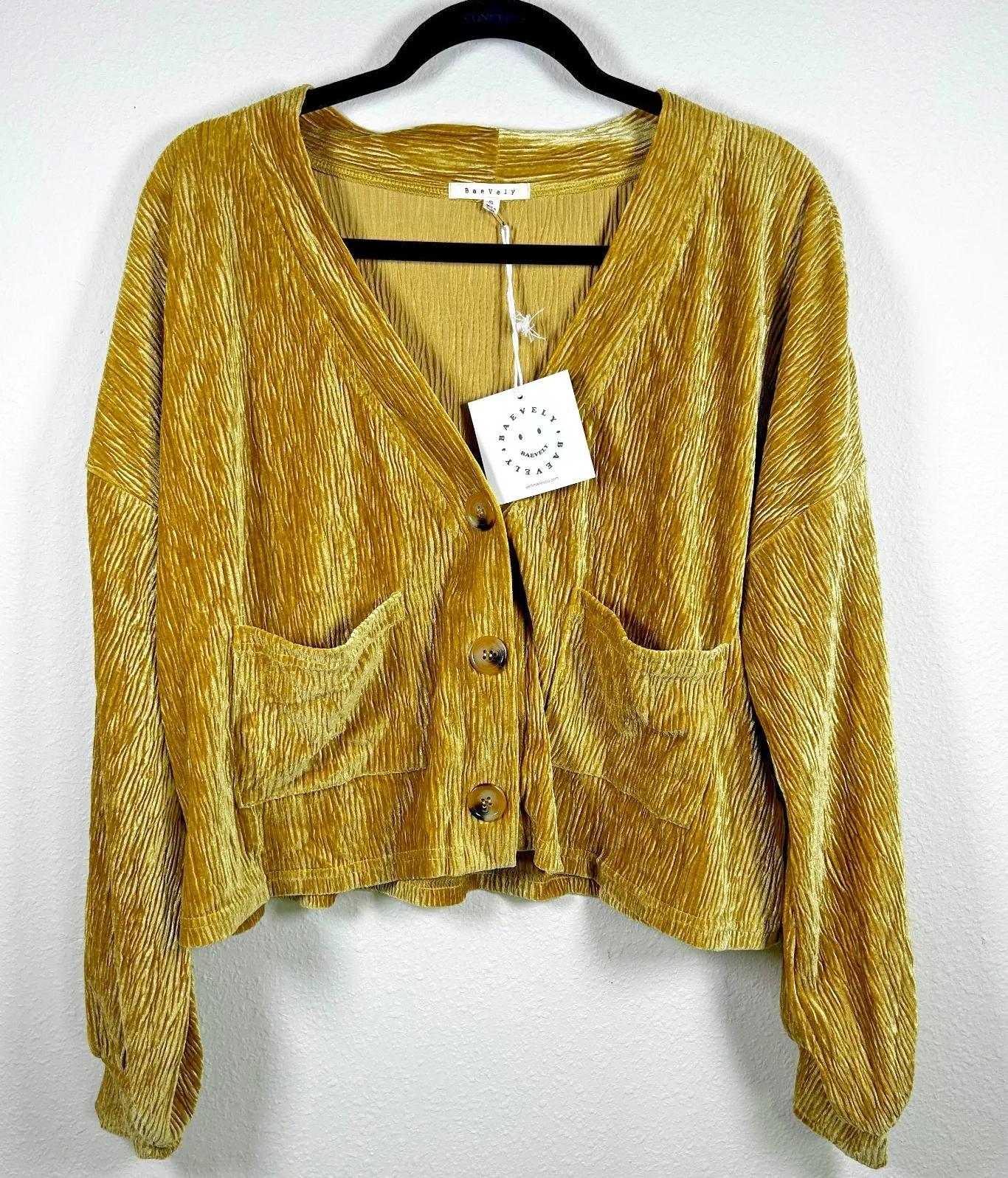 NWT Baevely Crushed Velvet Button Front Cardigan Top Gold Mustard Size S Cozy Size L - Image 1