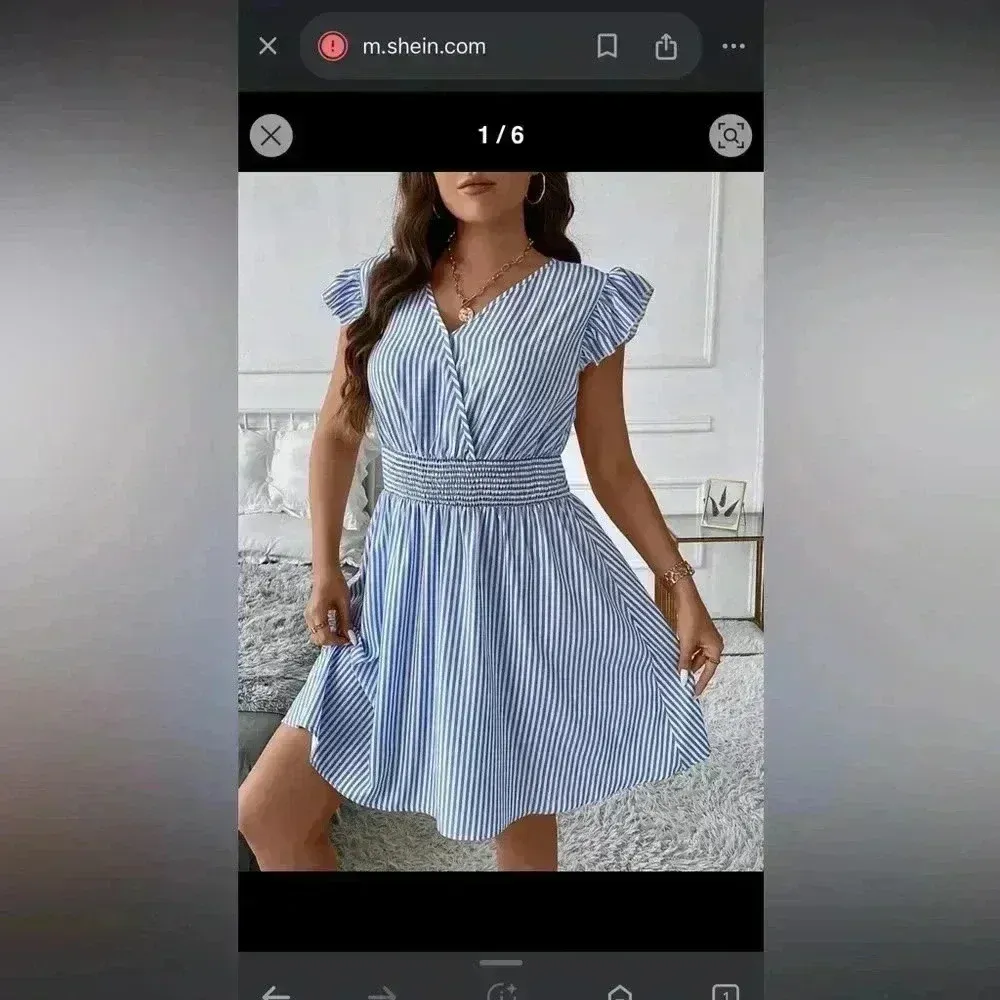 Striped Blue & White Flutter Sleeve  Dress with Smocked Waist‎ V-Neck Casual B1 - Image 2