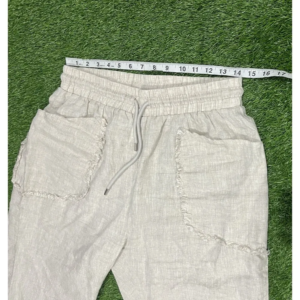 UCHUU Women's High Rise Wide Leg Drawstring Linen Pants Cropped Khaki SZ M Size M - Image 8