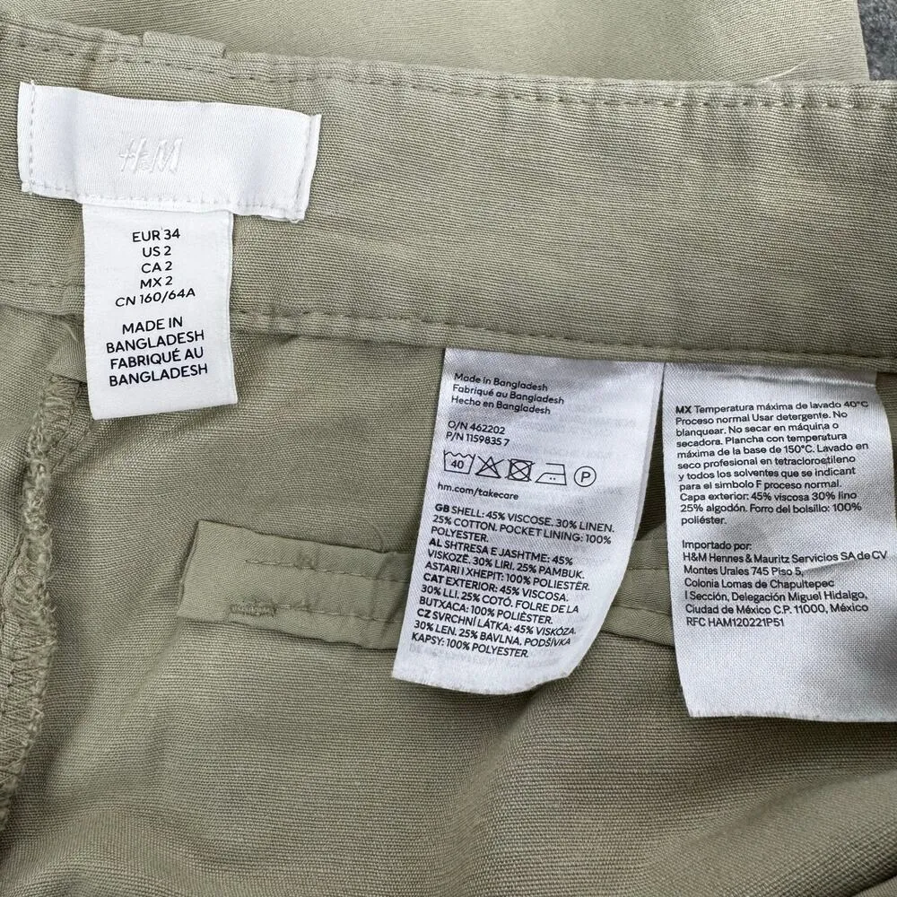 H&M Lightweight Linen Blend Cargo Pants Straight Leg Sage Green Pockets Size 2 - Image 4