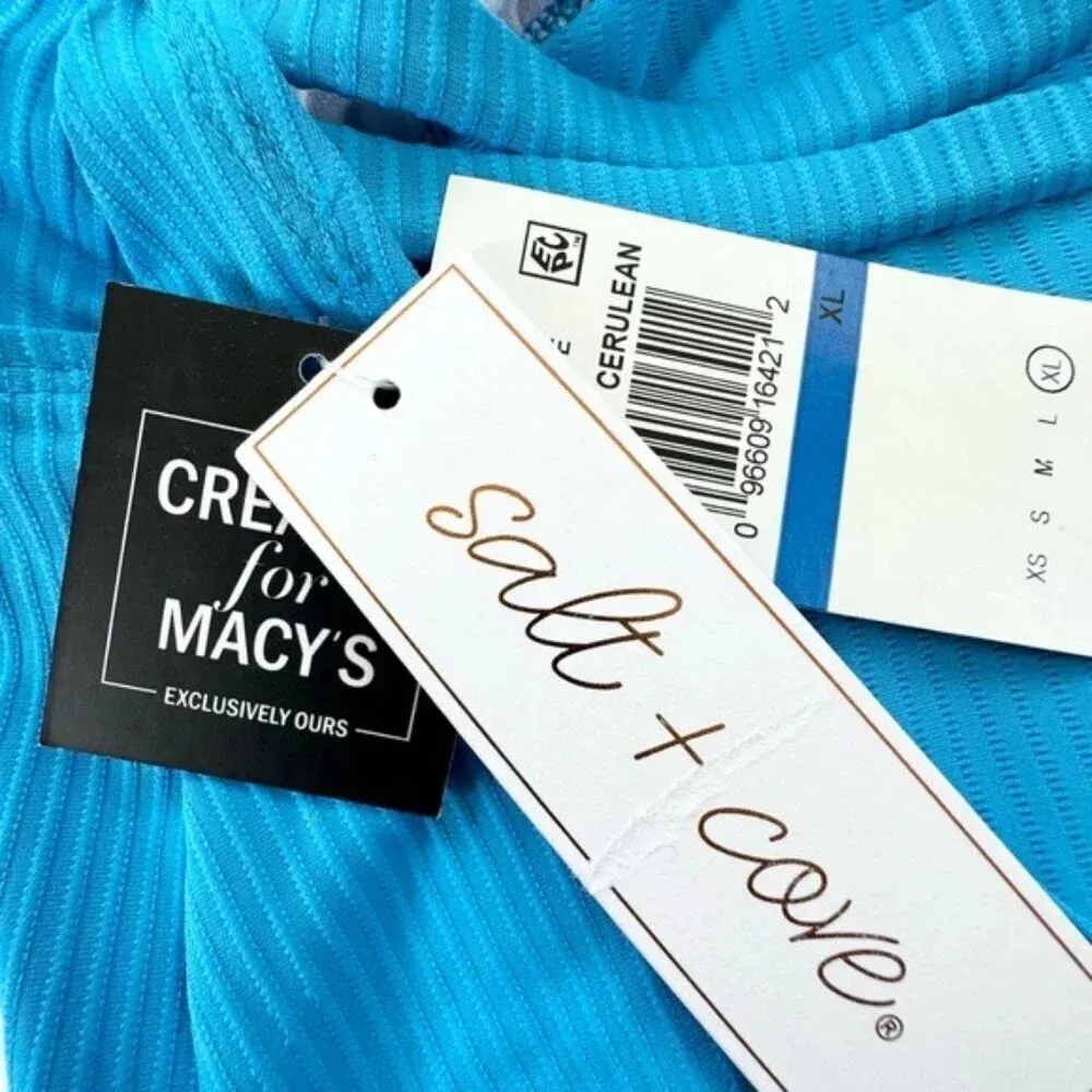 NWT Salt + Cove Ribbed Shirred Halter Tankini Swimsuit Top Cerulean Blue Size XL - Image 7