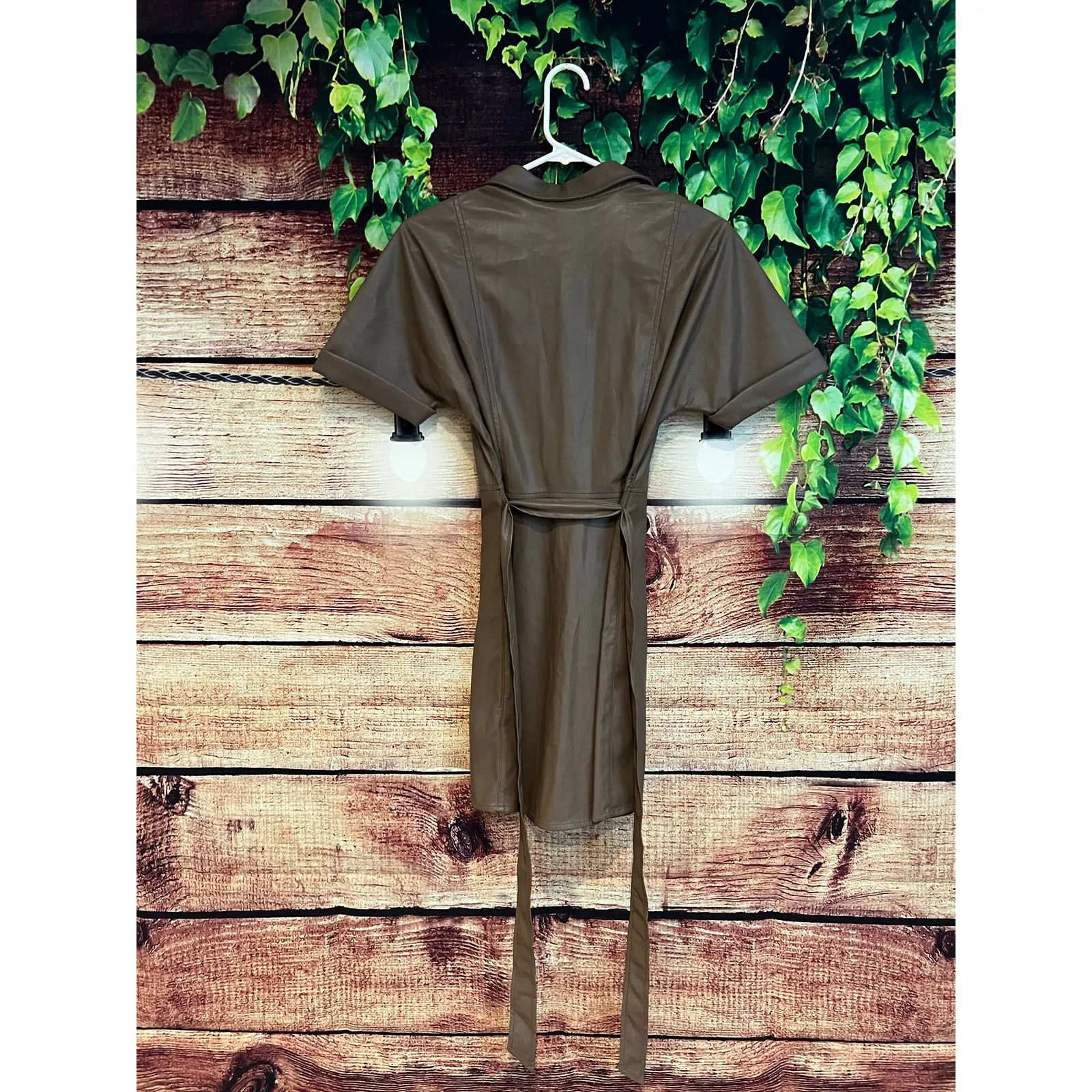 Heartloom Faux Leather Brown Mini Dress w Waist Tie Collar & Snap Buttons XS NWT - Image 2