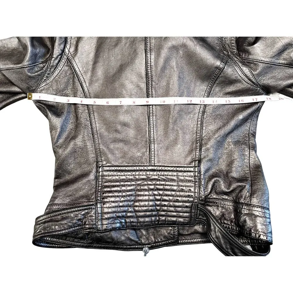 PARKER Moto Metallic Leather Jacket Zipper Collared Pewter Large Fits Small EUC - Image 8