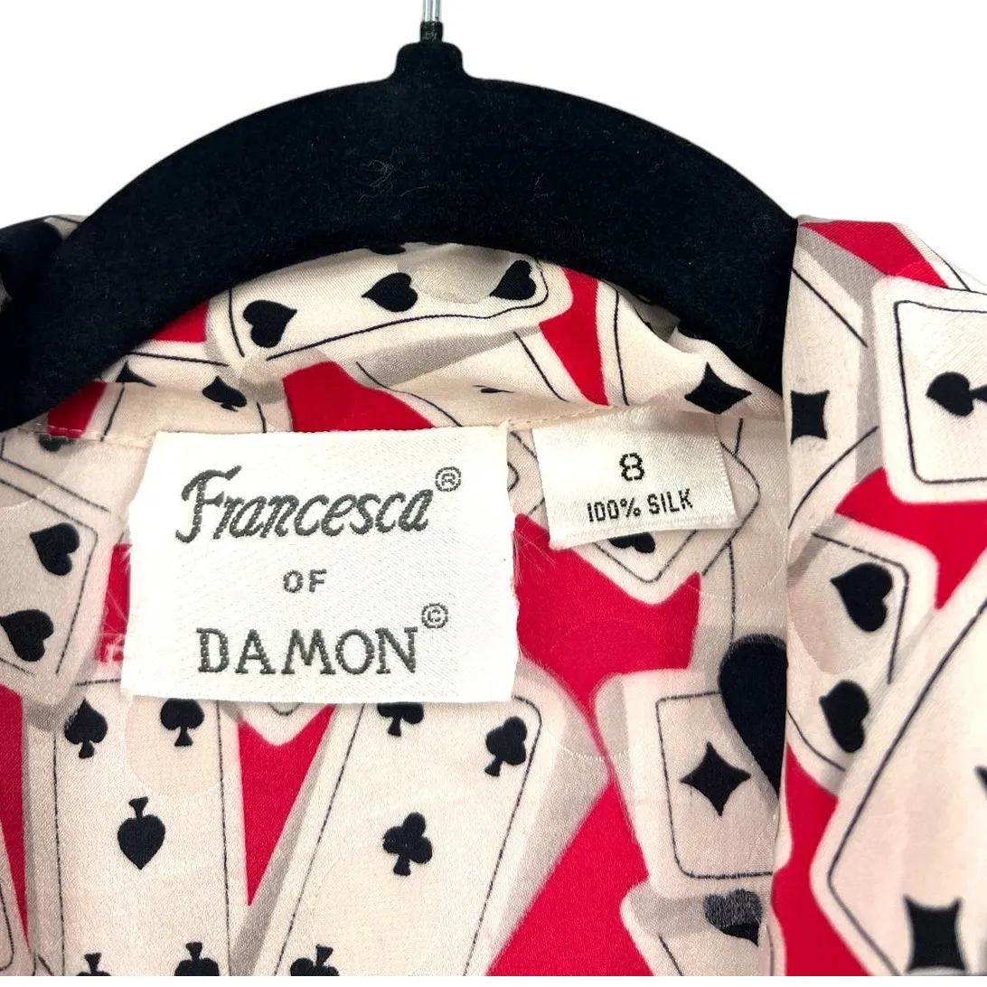 Vintage 80's francesca of damon 8 M Top Shirt Blouse Cards Poker Vegas Silk game Red Size M - Image 3