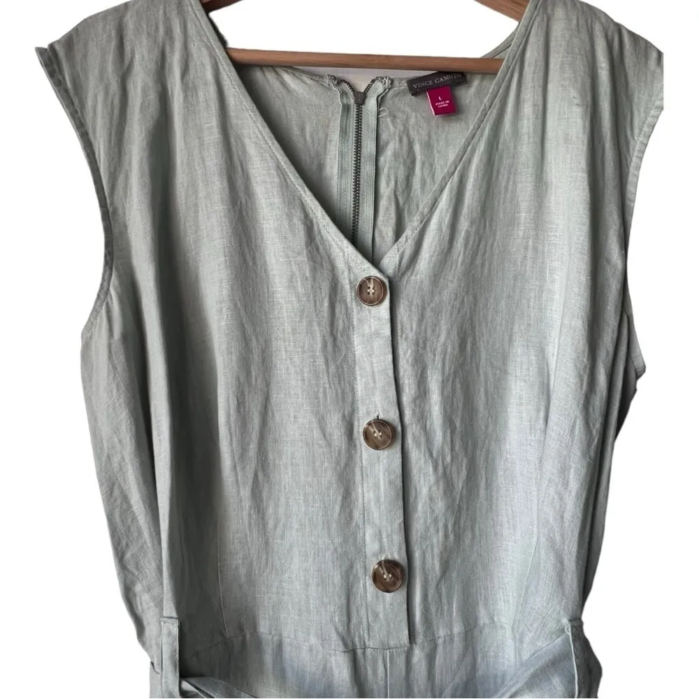 100% LINEN jumpsuit VINCE CAMUTO Sleeveless Bow Tie Mock Neck green SIZE L. - Image 2