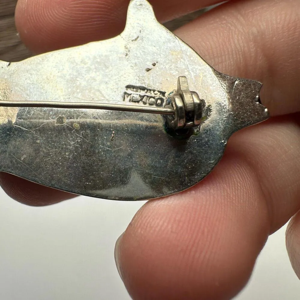 Alpaca Mexico Kitty Cat Brooch Pin Black Enamel Abalone Inlay & Silver Tone - Image 7