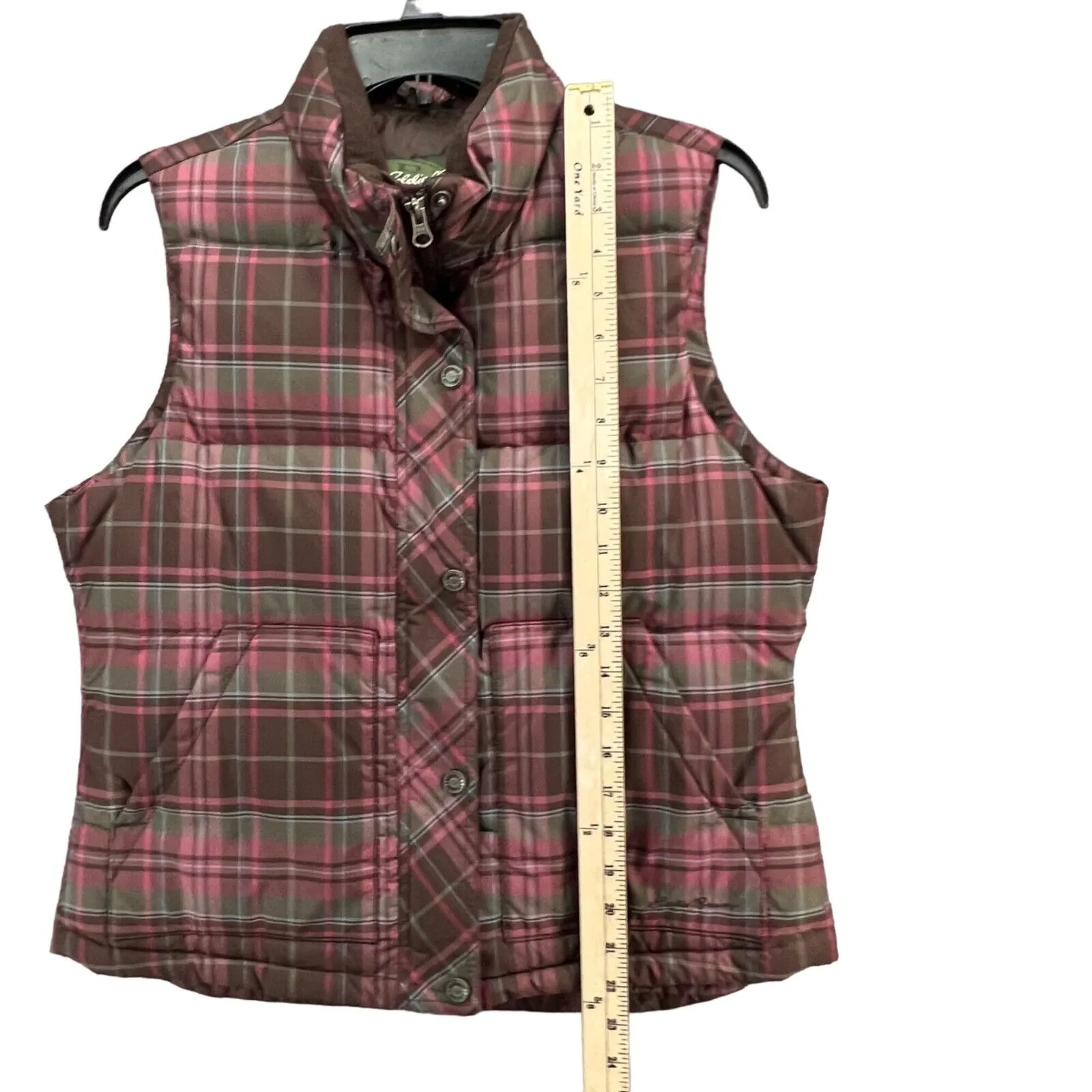 Eddie Bauer Goose Down Puffer Vest Womens M Pink Brown Plaid Preppy Gorpcore - Image 10