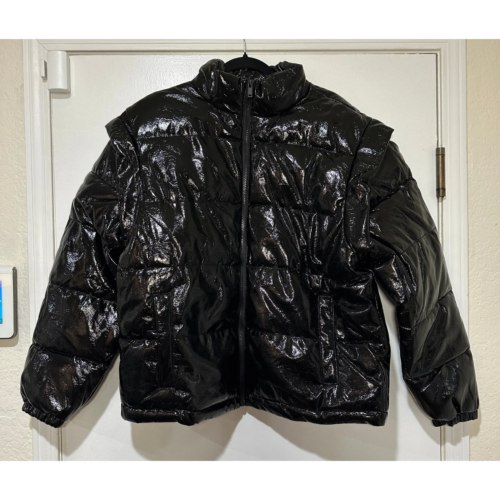 We Wore What Snap Off Sleeve Puffer Jacket Shiny Faux Leather Size Medium NWT - Image 2
