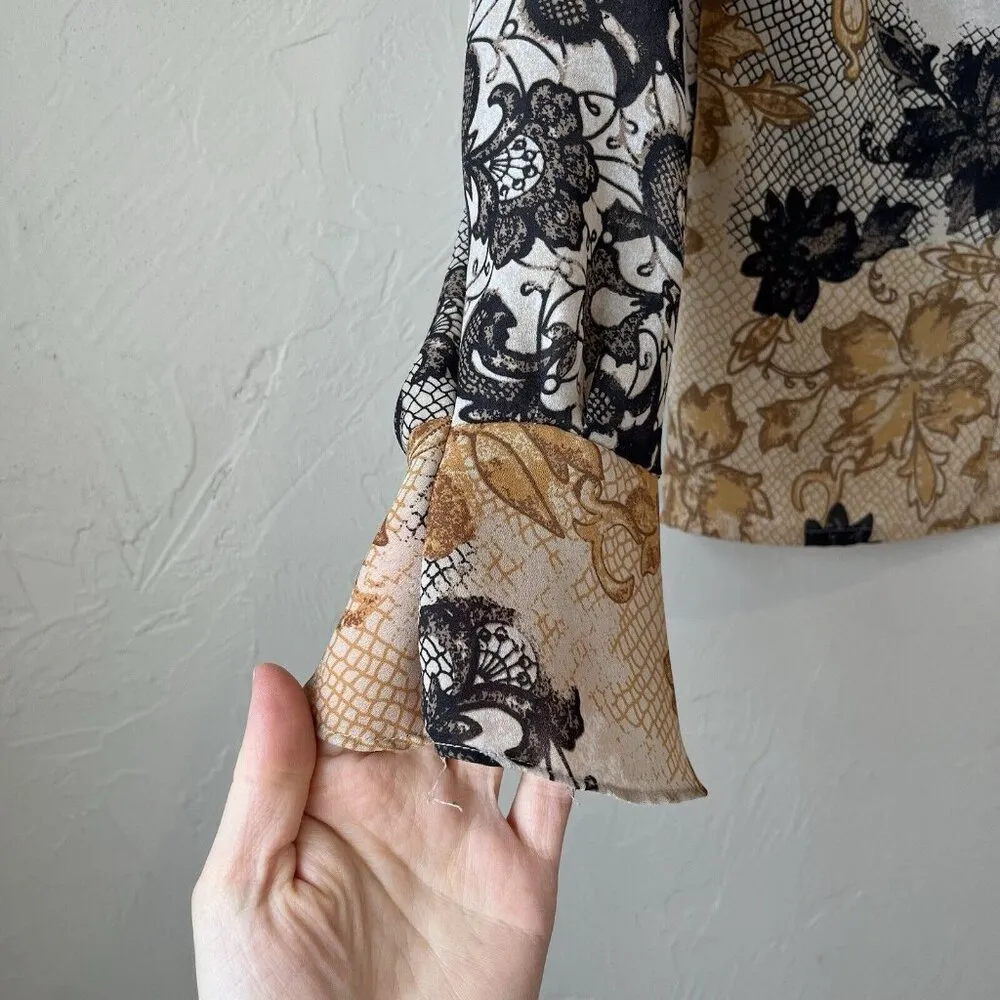 Vtg Y2K‎ Ruffle Sheer Button Up Twee Witchy Floral Boho Career work fairy retro Brown Size 8 - Image 2