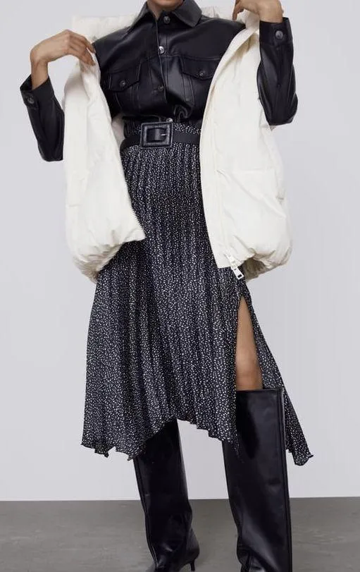 Black Ecru Pleated Polka Dot Print Midi Skirt - Image 4