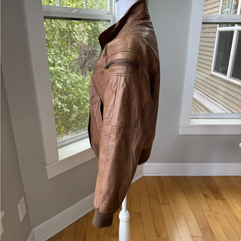 Vintage 80s Adventure Bound Distressed Brown Leather Bomber Jacket Size Medium - Image 3