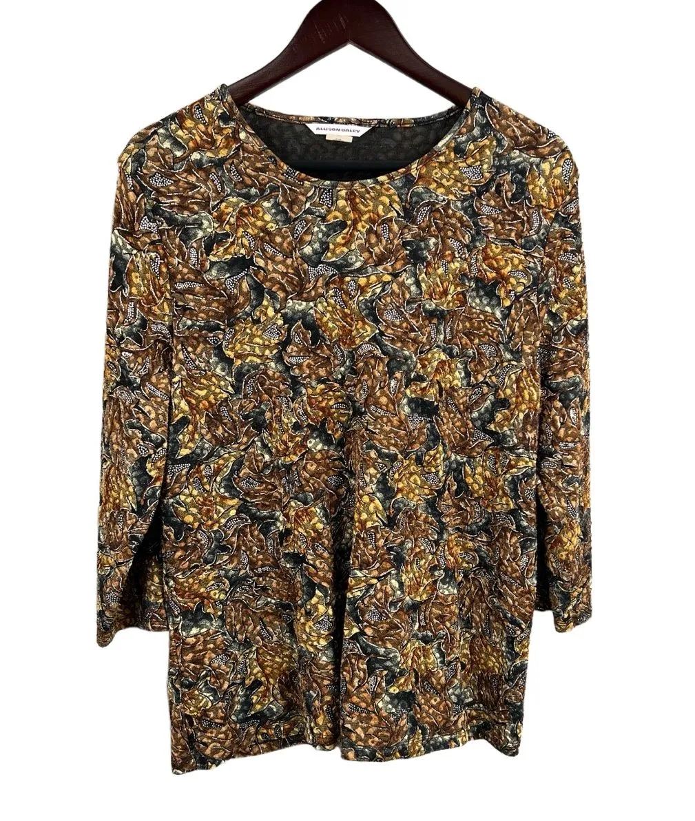 Allison Daley Shirt Black Brown Stretchy Abstract Autumnal Floral Leaves Large - Image 1