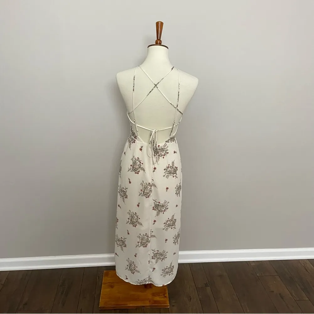 Lush Dress Midi Halter Criss Cross Back High Neck Floral Botanical Cream Green - Image 8