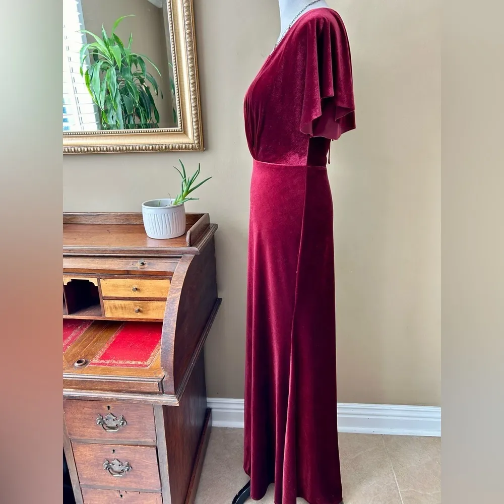 BHLDN Jenny Yoo Ellis Flutter-Sleeve Open-Back Stretch Velvet Gown Dark Berry 12 - Image 6