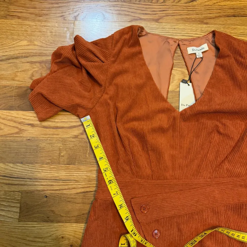 Du Paradis Womens Small Copper Rust Corduroy Puff Sleeve Faux Wrap Midi Dress Orange - Image 8