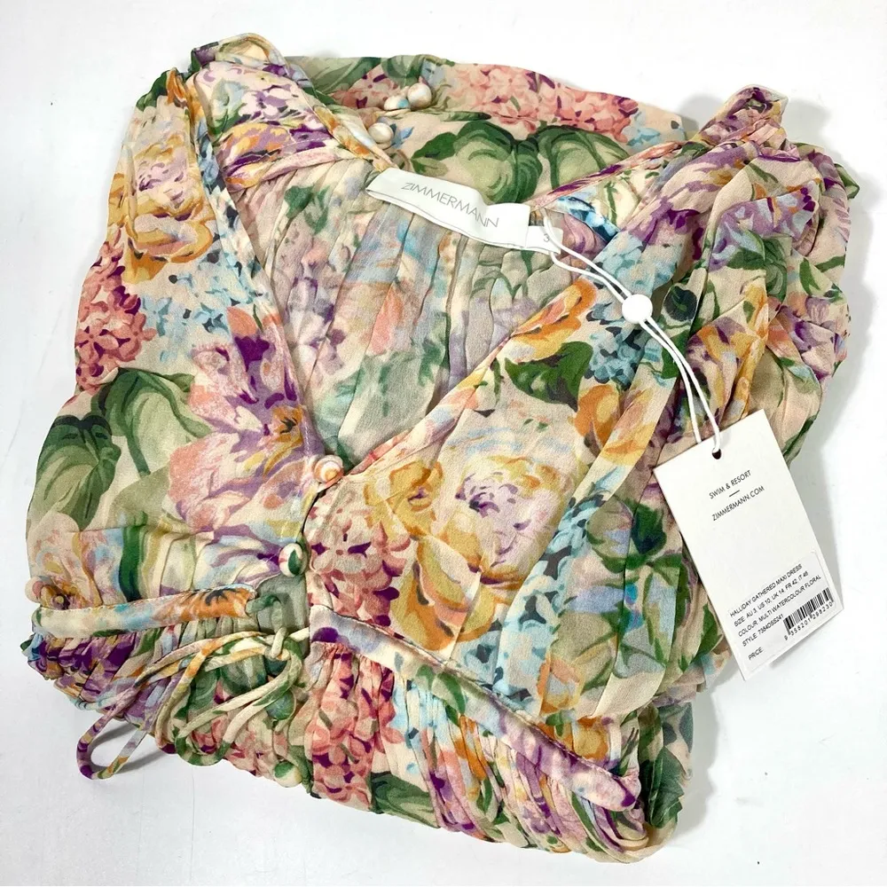 Zimmermann Halliday Floral Gathered Maxi Dress Multi Watercolour US 10 AU 3 NWT - Image 15